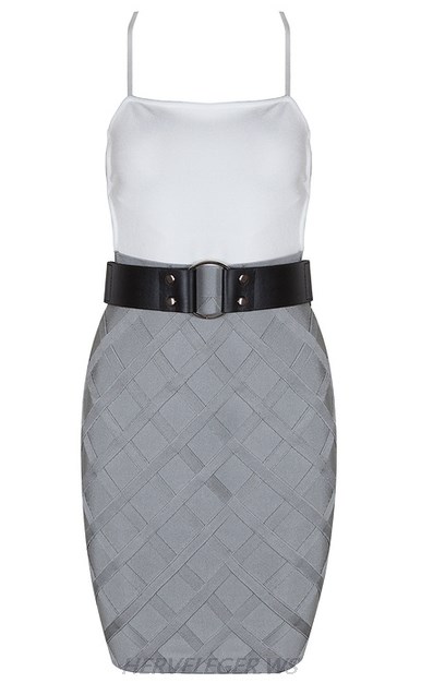 Herve Leger White And Grey Colorblock Dress