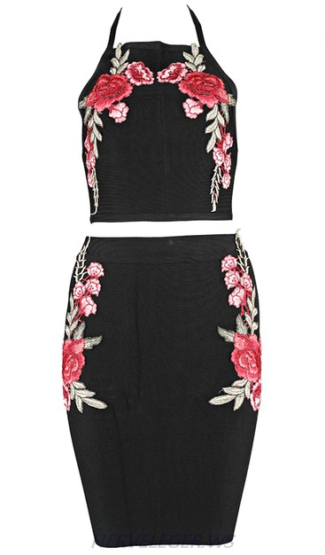 Herve Leger Black Floral Corchet Two Piece Dress