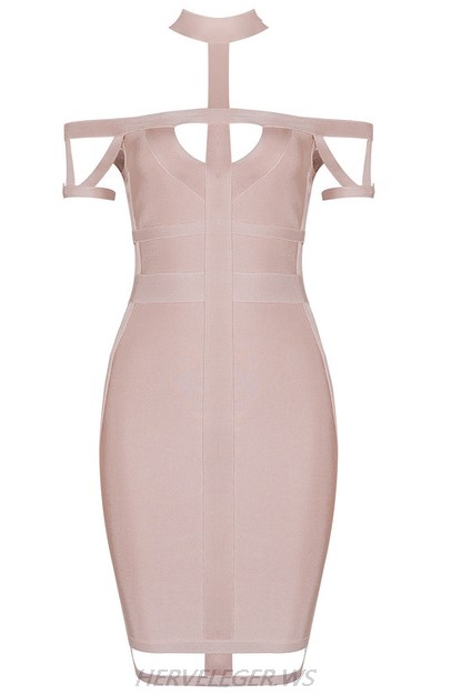 Herve Leger Nude Halter Bardot Cut Out Dress