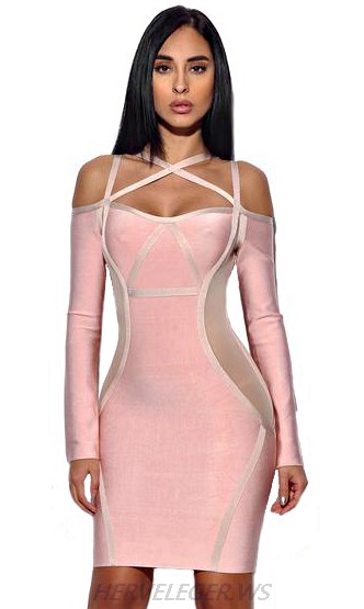 Herve Leger Pink Long Sleeve Bardot Criss Cross Dress