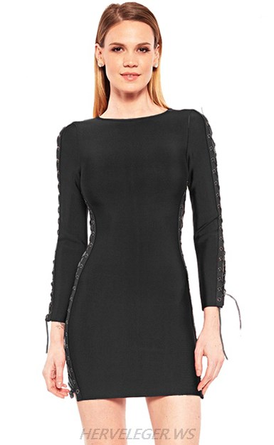 Herve Leger Black Long Sleeve Lace Up Dress