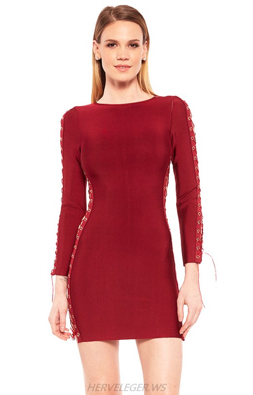Herve Leger Red Long Sleeve Lace Up Dress