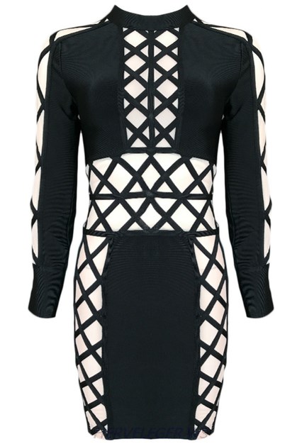 Herve Leger Black Long Sleeve Lace Up Mesh Dress