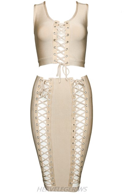 Herve Leger Nude Multi Lace Up Detail Two Piece Dress
