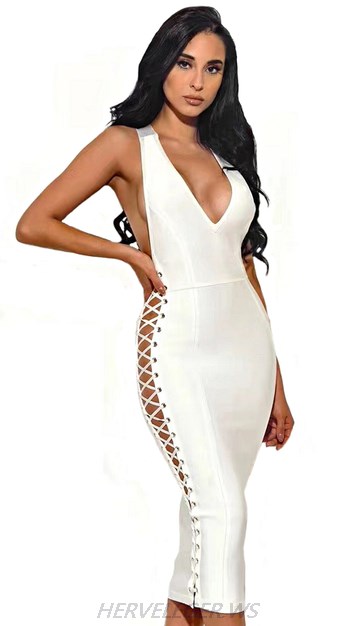 Herve Leger White Side Lace Up V Neck Dress