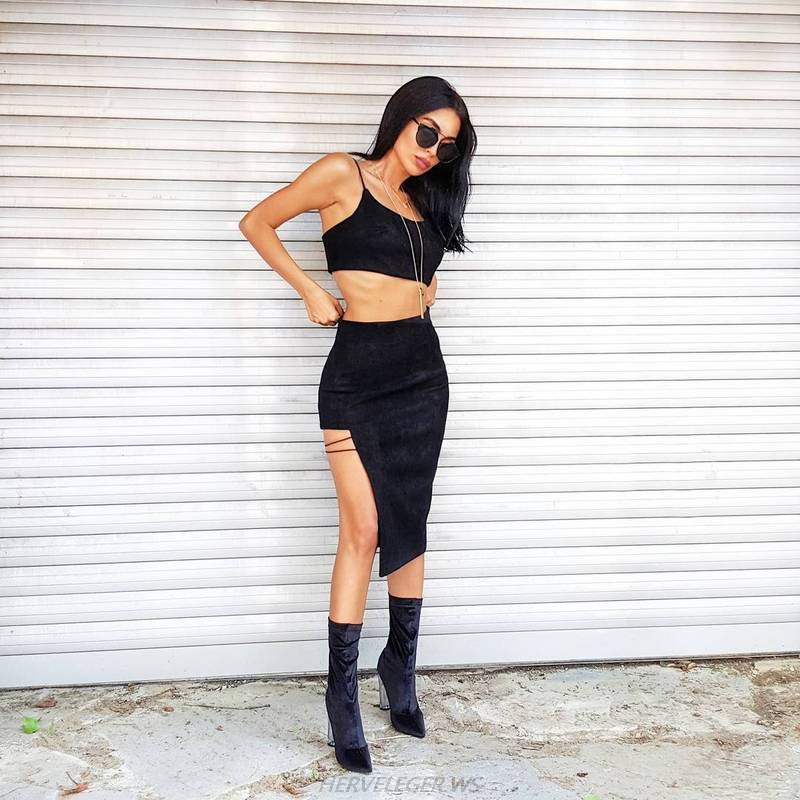 Herve Leger Black Side Slit Two Piece Suede Dress
