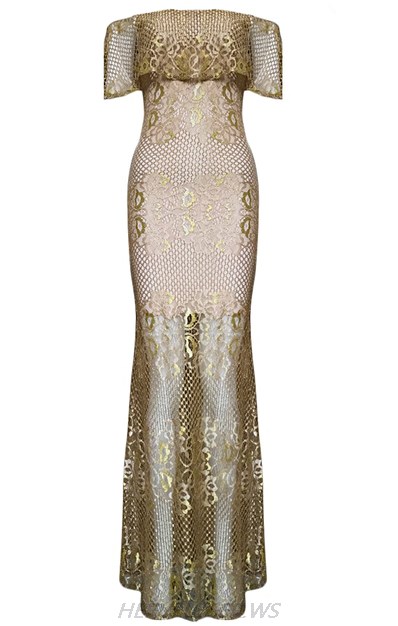 Herve Leger Gold And Nude Bardot Gown