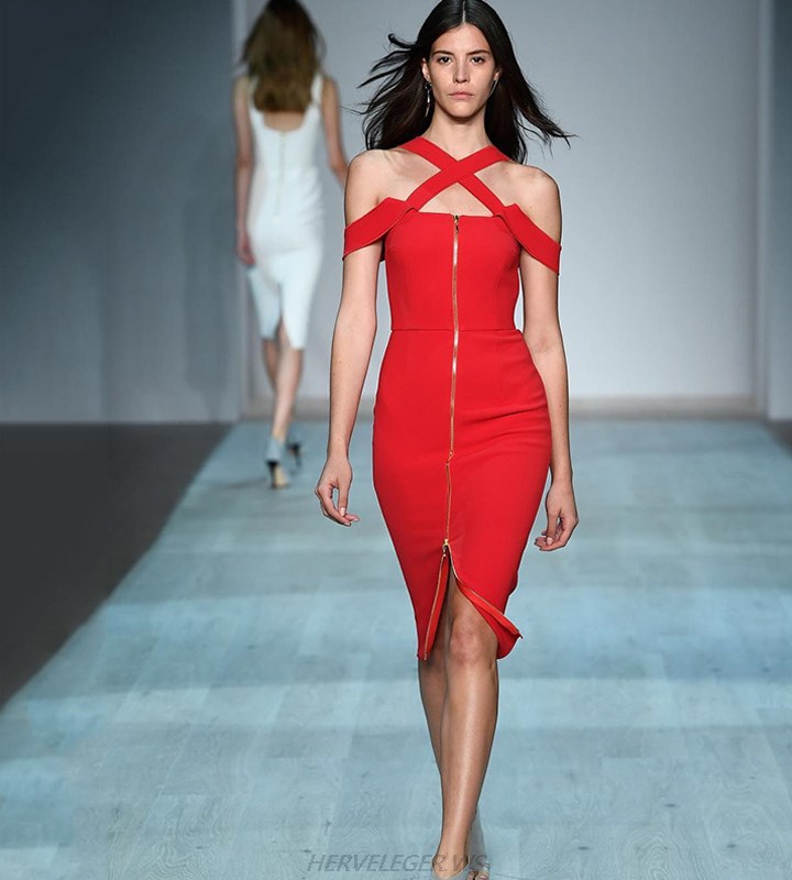 Herve Leger Red Front Zipper Crossed Straps Dress