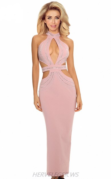 Herve Leger Pink Halter Embellished Cut Out Gown