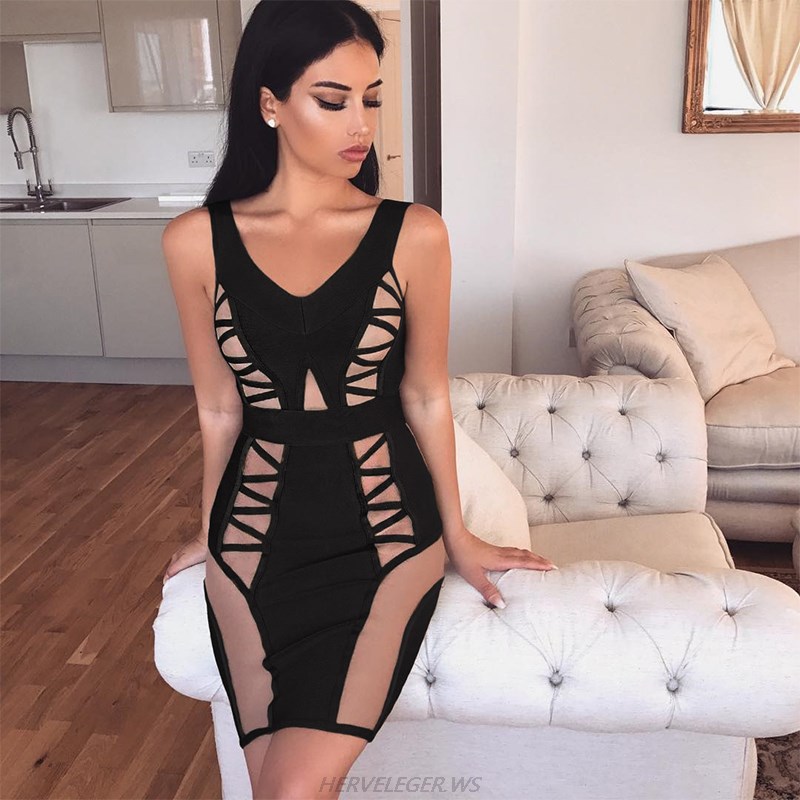 Herve Leger Black Bardot Mesh Dress