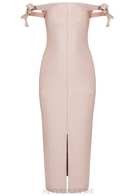 Herve Leger Nude Bardot Tie Sleeve Dress