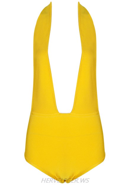 Herve Leger Yellow Chain Detail Halter Plunge Bodysuit