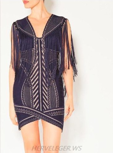 Herve Leger Blue Crochet Fringe Dress