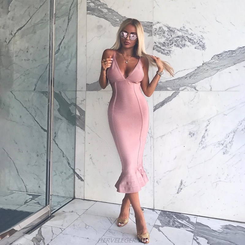 Herve Leger Pink Fluted Dress