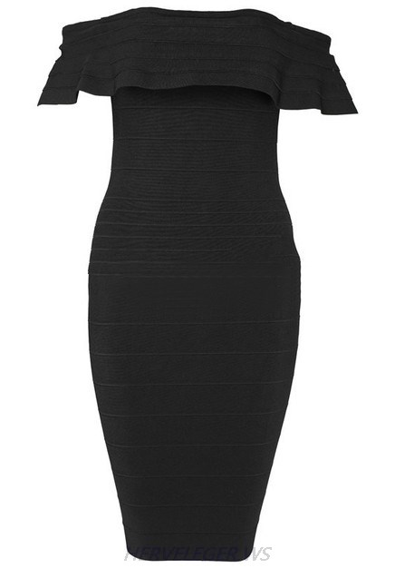 Herve Leger Black Frill Bardot Dress