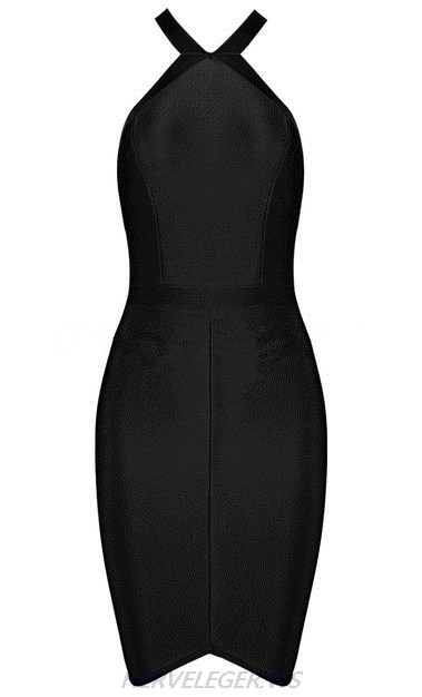 Herve Leger Black Halter Strappy Asymmetric Dress