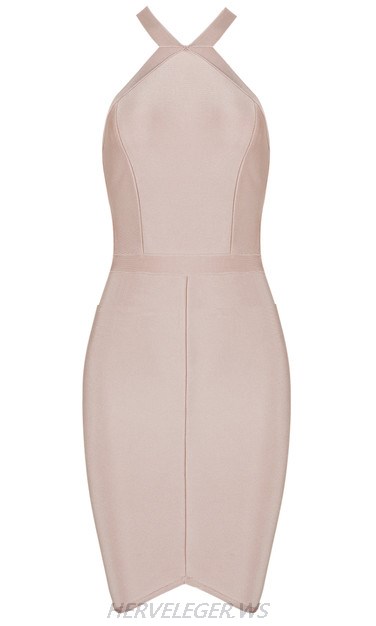 Herve Leger Nude Halter Strappy Asymmetric Dress