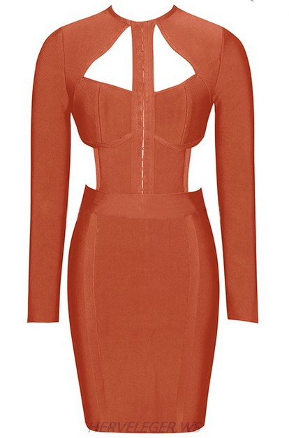 Herve Leger Rust Brown Long Sleeve Cut Out Detail Dress