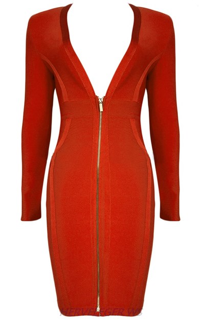 Herve Leger Red Long Sleeve Plunge Zipper Dress