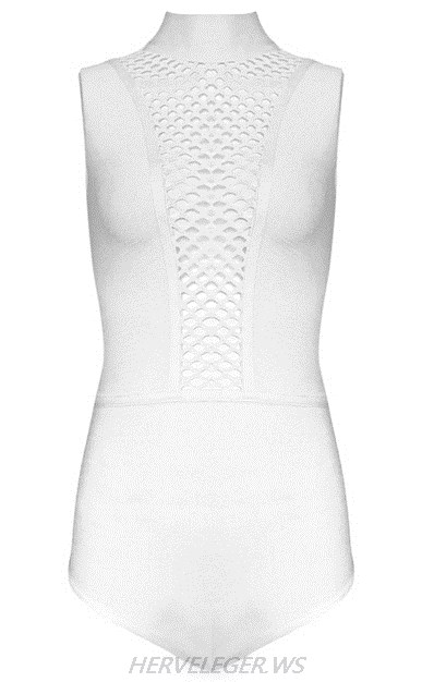 Herve Leger White Multistitch Crochet Bodysuit