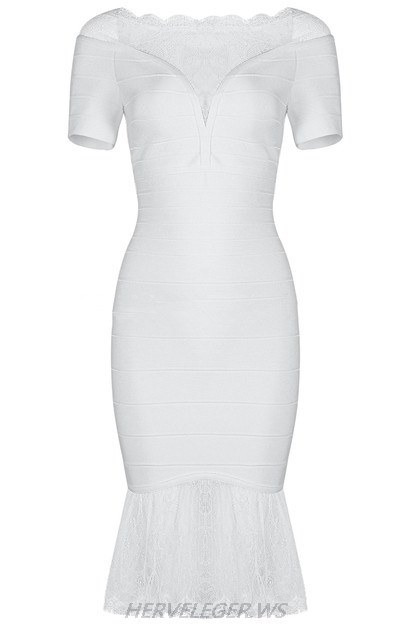 Herve Leger White Short Sleeve Lace Dress