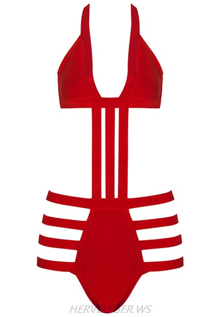 Herve Leger Red Strappy Swimsuit