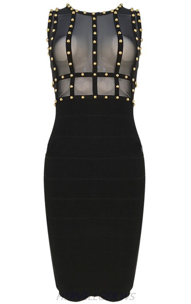 Herve Leger Black Studded Mesh Dress