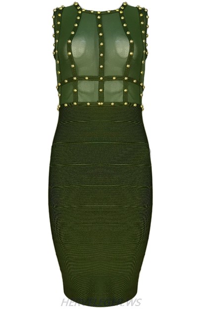 Herve Leger Green Studded Mesh Dress