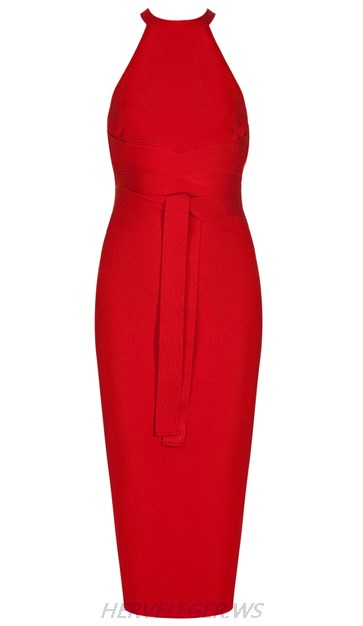 Herve Leger Red Tie Waist Dress