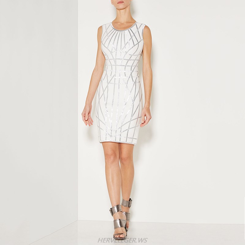 Herve Leger White Silver Woodgrain Foil Print Dress