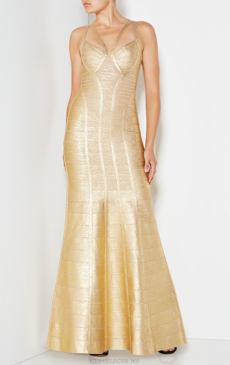 Herve Leger Gold A Line Woodgrain Foil Print Gown