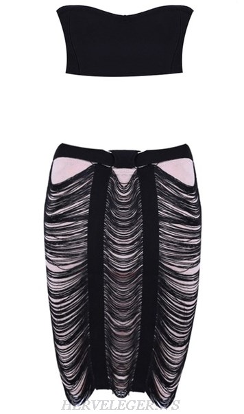 Herve Leger Black Strapless Bandeau Tassel Two Piece Dress