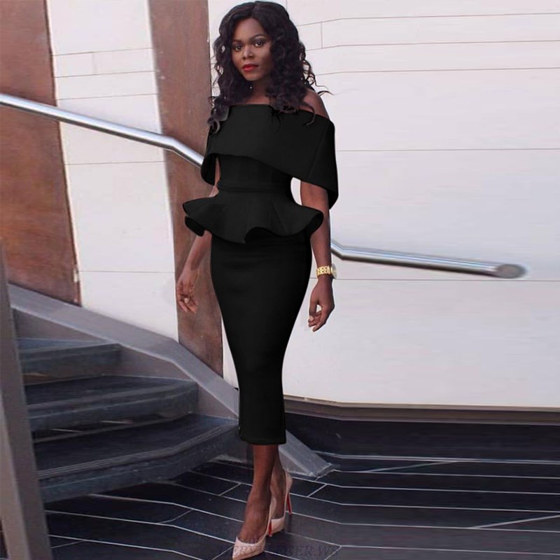 Herve Leger Black Strapless Bardot Peplum Dress