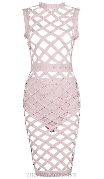 Herve Leger Nude Embellished Caged Dress
