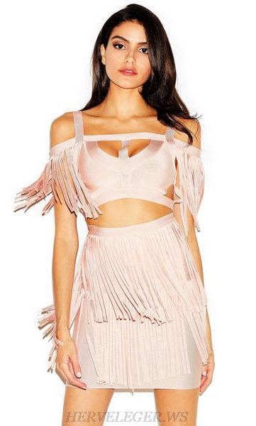 Herve Leger Pink Fringe Two Piece Dress