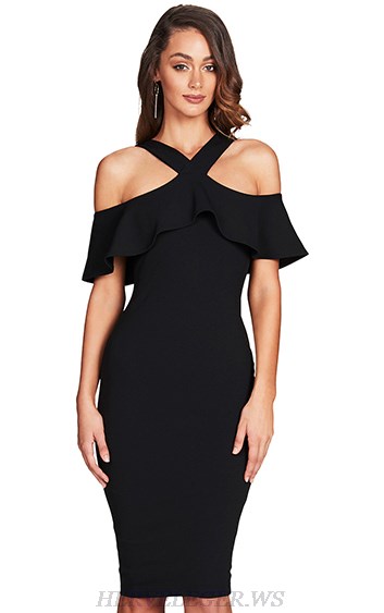 Herve Leger Black Halter Ruffle Dress