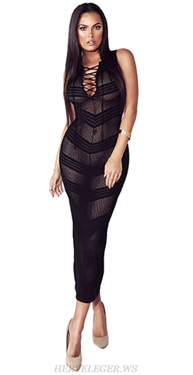 Herve Leger Black Lace Up Crochet Gown