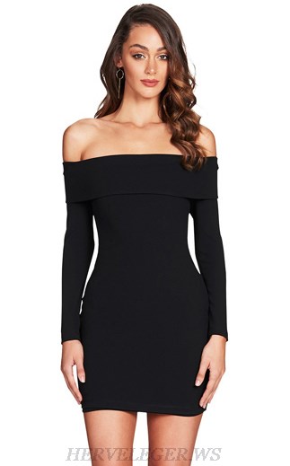 Herve Leger Black Strapless Long Sleeve Bardot Dress
