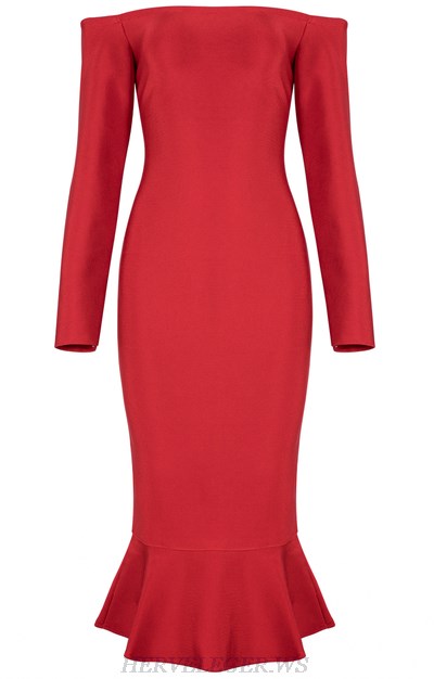 Herve Leger Red Strapless Long Sleeve Bardot Fluted Dress