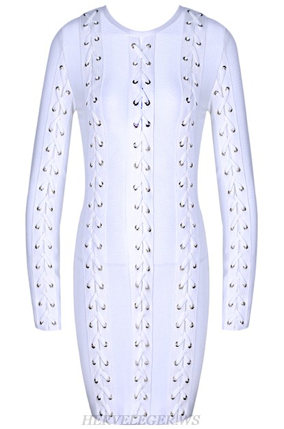 Herve Leger White Long Sleeve Lace Up Dress