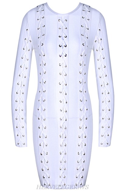 Herve Leger White Long Sleeve Lace Up Dress