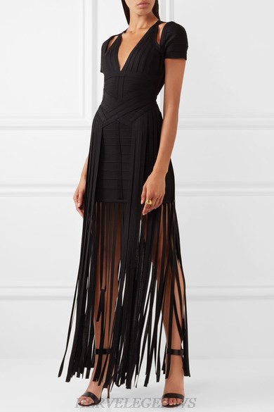Herve Leger Black Short Sleeve Fringe Gown