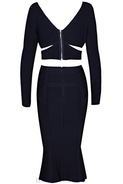 Herve Leger Black V Neck Long Sleeve Fluted Two Piece Dress