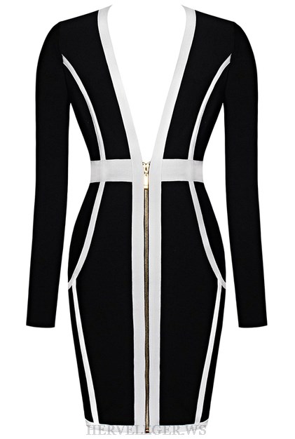 Herve Leger Black And White V Neck Long Sleeve Front Zipper Dress