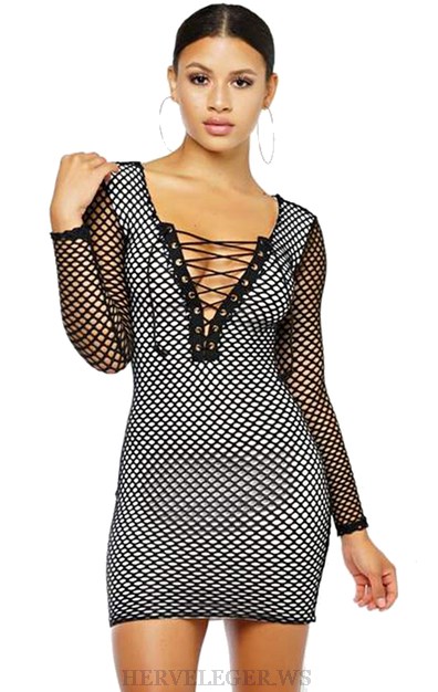 Herve Leger V Neck Black Long Sleeve Lace Up Crochet Dress