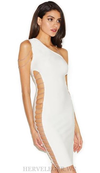 Herve Leger White One Shoulder Embellished Dress