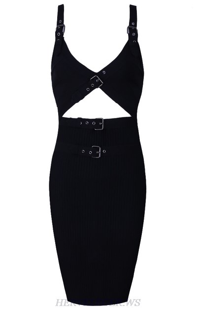 Herve Leger Black Buckle Detail Ribbed Bandage Dress