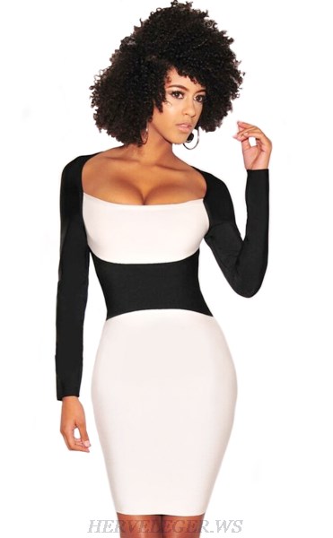 Herve Leger Black And White Long Sleeve Contrast Bandage Dress