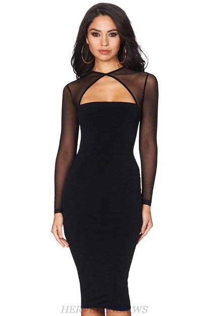 Herve Leger Black Long Sleeve Geo Mesh Bandage Dress