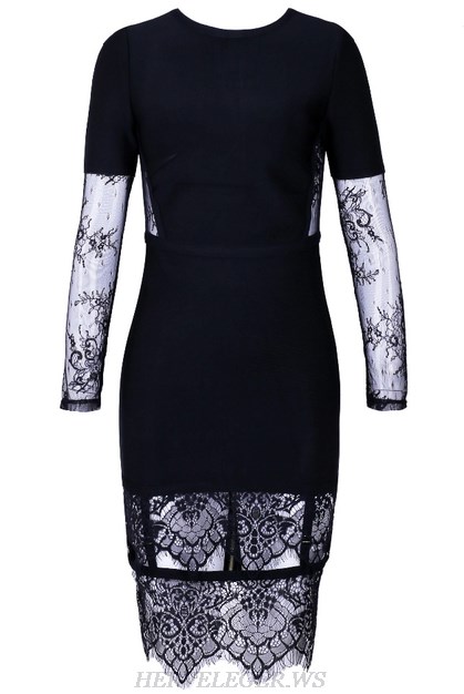 Herve Leger Black Long Sleeve Lace Panel Bandage Dress
